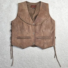 VTG Yukon Jack Hand Tooled Genuine Leather Vest Brown Sz S Braided Western Biker