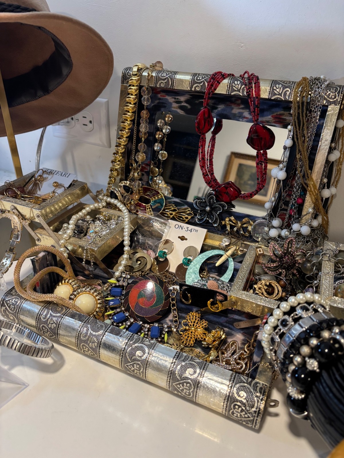 Vintage Silver Tone Embossed Book-shape Velvet lined Box, filled with jewelry