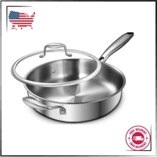 12 Inch Tri-Ply Stainless Steel Frying Pan, 5-Quart Deep Saute Pan with lids