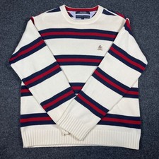 Vintage Tommy Hilfiger Mens Striped Cotton Knit Sweater Cream Navy Red Sz M