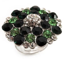 Green Diamante Cocktail Ring in Silver Tone - Size 7/8 Adjustable