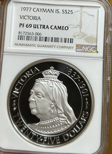 1977 Cayman Islands VICTORIA $25 Dollars Silver Coin NGC PF69