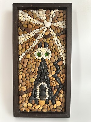 Vintage Estate Find MCM Mosaic Pebble Rock Glass Cat Framed Art From Berkeley Ca