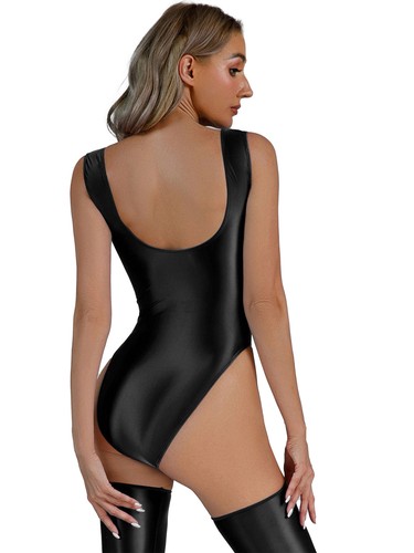 Women's Stretchy High Cut Bodysuit Oil Glossy Thong Leotard One Piece Swimwear - Picture 14 of 81