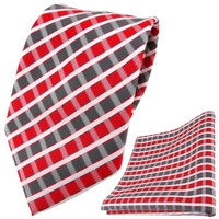 Tigertie Designer Krawatte + Einstecktuch Rot Grau Silber Weiss Gestreift