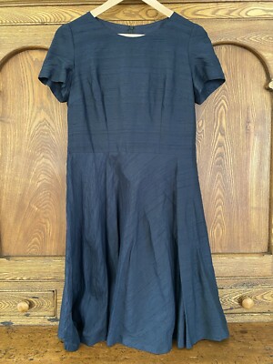 Vintage handmade navy blue raw silk dress M short sleeve full