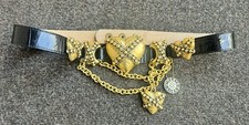 Streets Ahead Statement Belt Hearts Crystals Chains Leather Black/Gold Tone Sz L