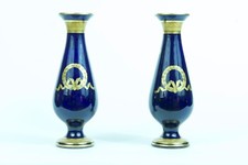 Antique Pair Blue Empire Porcelain Vases Laurel Wreath Palmette Ribbon Signed