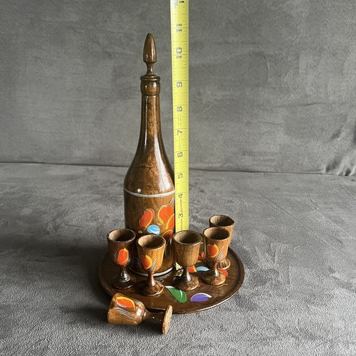 Vintage Wood Hand Painted Decanter Set With Glasses Tray Wooden Rare Home Decor - Picture 12 of 12