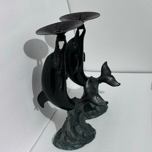 Vintage MCM Verti Gras Brass Cast Iron Dolphin Candlestick Holders Pair 9x14” - Picture 8 of 16