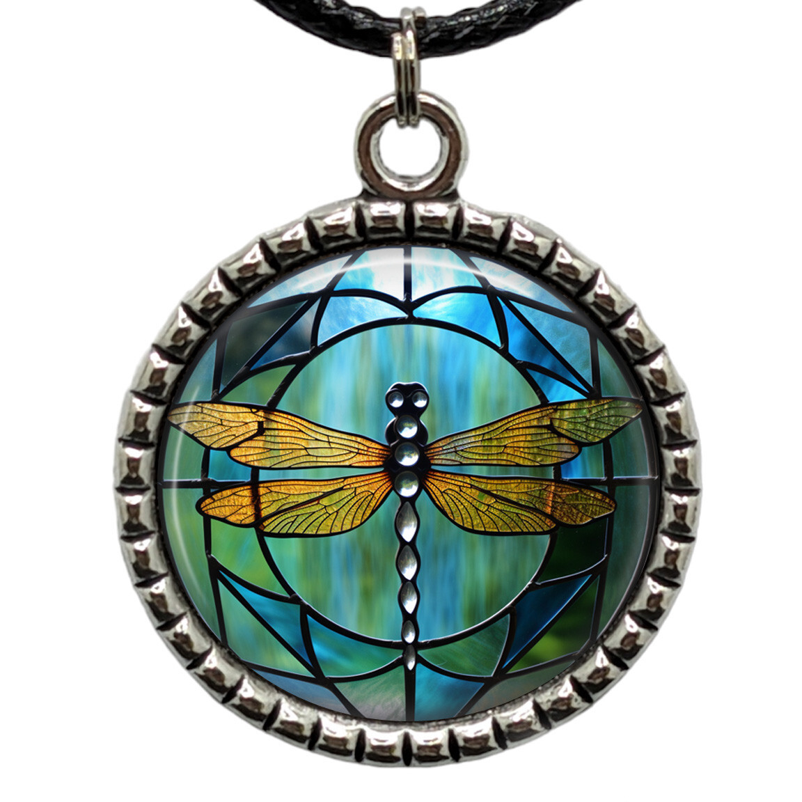 Teal Dragonfly Necklace Art Nouveau Stained Glass Boho Jewelry Gift for Her-image