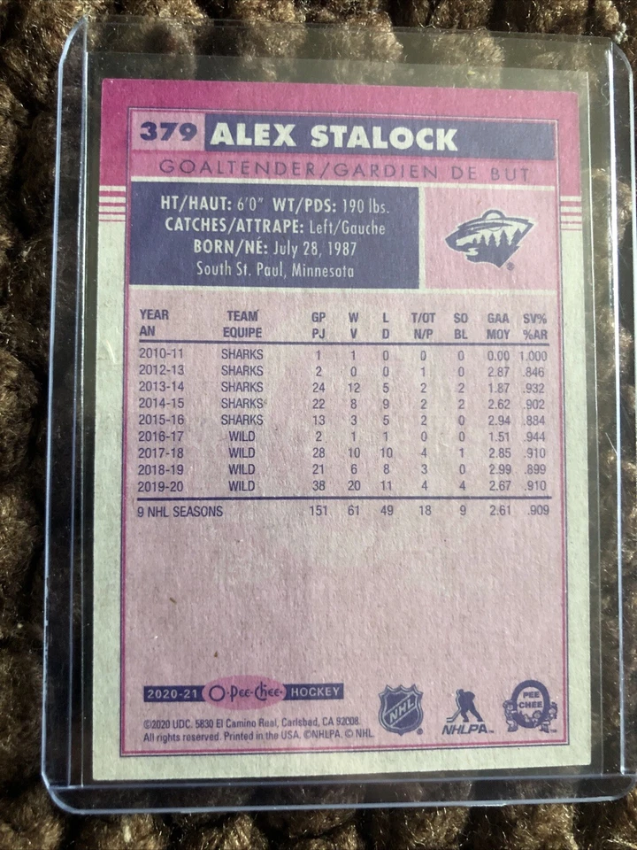 2020-21 O Pee Chee Retro Base Card # 379 Alex Stalock Minnesota Wild (SP) - Image 2 of 2