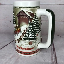 Vintage Budweiser Stein Mug Clydesdales Christmas Ceramarte Snowy Winters Eve