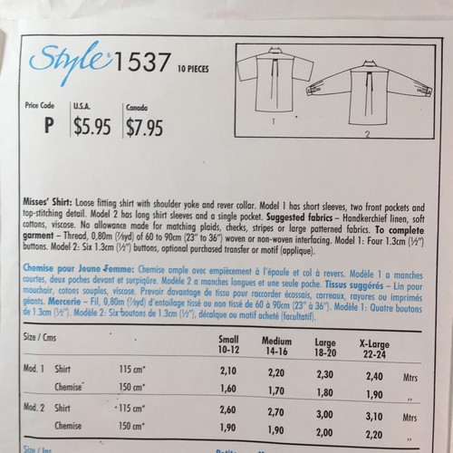 Style 1537 Loose V Neck Rever Shirt Long Short Retro Ladies New Uncut Pattern - Picture 6 of 12