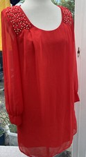 NEXT UK 10 RED BEAD EMBELLISHED CHIFFON SPLIT SLEEVE SHIFT short mini dress NEW