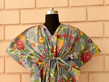 Grey Floral Sleepwear Cotton Night Gown Caftan Dress Indian Maxi Gown Kaftan US