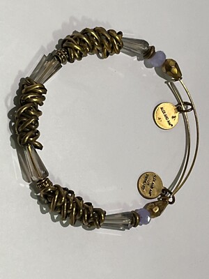 Alex and Ani Bracelet Gold Tone Purple Bangle Glass Bead Charm Swarovski  Slide