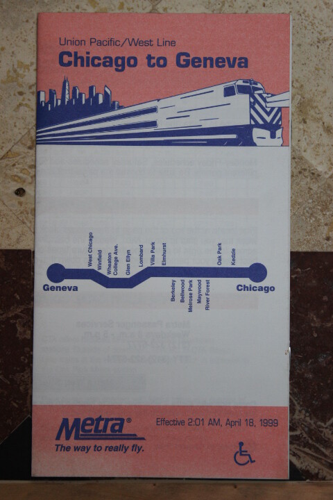 METRA UP/WEST LINE CHICAGO TO GENEVA PUBLIC TIMETABLE APRIL 18,1999 ...