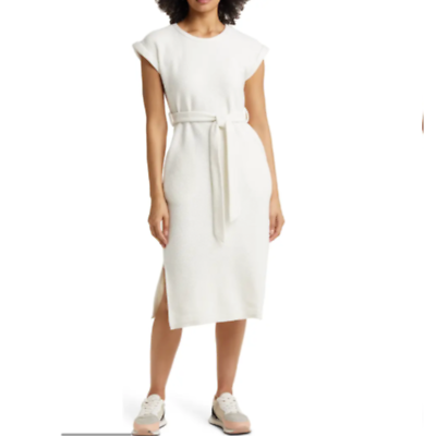Caslon Textured Knit Tie Waist Midi Dress in Ivory Women's Medium | eBay