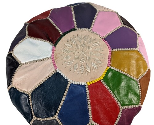 Fairtrade Fatto a Mano Marocchino Pelle Pouf Multicolore Pouf Grande 40cm/38.1cm - Foto 7 di 8