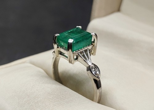 Natural Rich Green Emerald Sterling Silver 925 Handmade Women Anniversary Ring - Picture 5 of 12