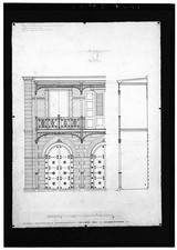 Dibujo arquitectónico edificio histórico fachada balcón puerta arqueada años 1900