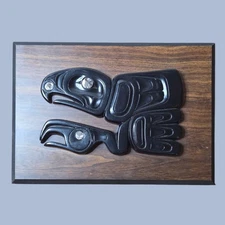 Northwest Coast Raven & Eagle Carving Plaque w/ Abalone Eyes Indigenous Art MCM 