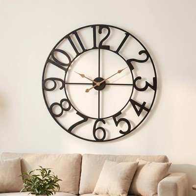 Modern Industrial Wall Clock with Cutout Metal Numerals, Grey and Gold Vintag...
