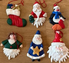 LOT of 6 Polymer Clay Christmas Ornaments -Santas, Angel, Penguin, Stocking 4.5
