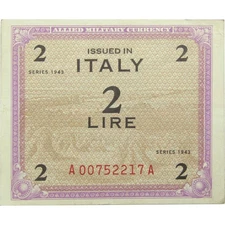 1943-1944 2 Lire Italy Allied Military Currency Note