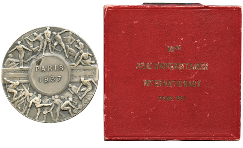 FRANCE 1937 PARIS UNIVERSITY GAMES SILVER AWARD MEDAL IN ORIGINAL BOX, MORLON