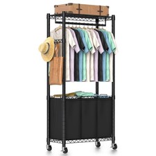 Rolling Laundry Basket Organizer with Wheels and Hanging Bar, Laundry Hamper ...