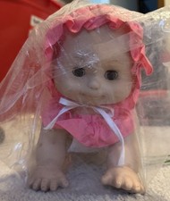 Vintage Vinyl Baby Doll Light Complexion Brown Eyes No Hair Pink Bonnet Outfit