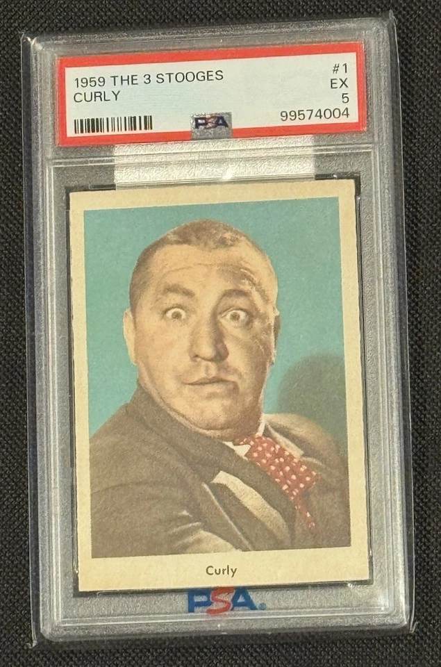 PSA 5 CURLY 1959 The Three (3) Stooges Rare Old Comedy TV Fleer, Icon Card # 1 - Image 3 of 4