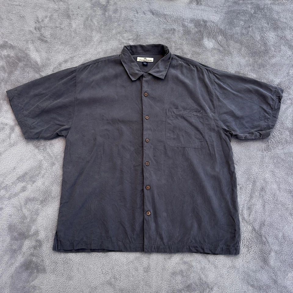 Camisa DE COLECCIÓN Tommy Bahama Para Hombres XL Gris 100% Seda Campamento Aloha Bordada Años 00 Foto 3 de 4