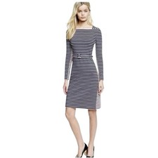 Tory Burch Callan Striped Belted Long-Sleeve Dress Size M Stretch Blue Cream