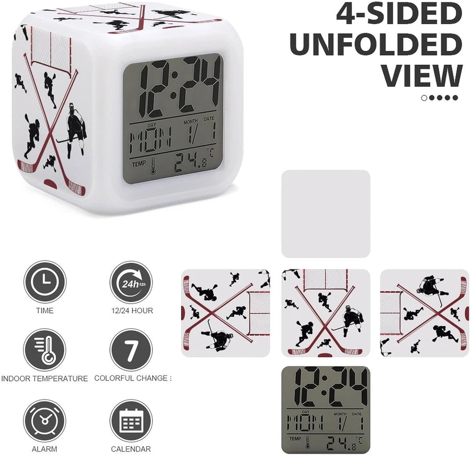 Reloj despertador de pelota de hockey para niños niño niña 7 LED cambio de color reloj despertador hom Foto 3 de 4