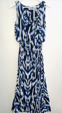 CALVIN KLEIN Blue & White Ikat Knit Sleeveless Cowl Neck Maxi Dress Tie Waist M