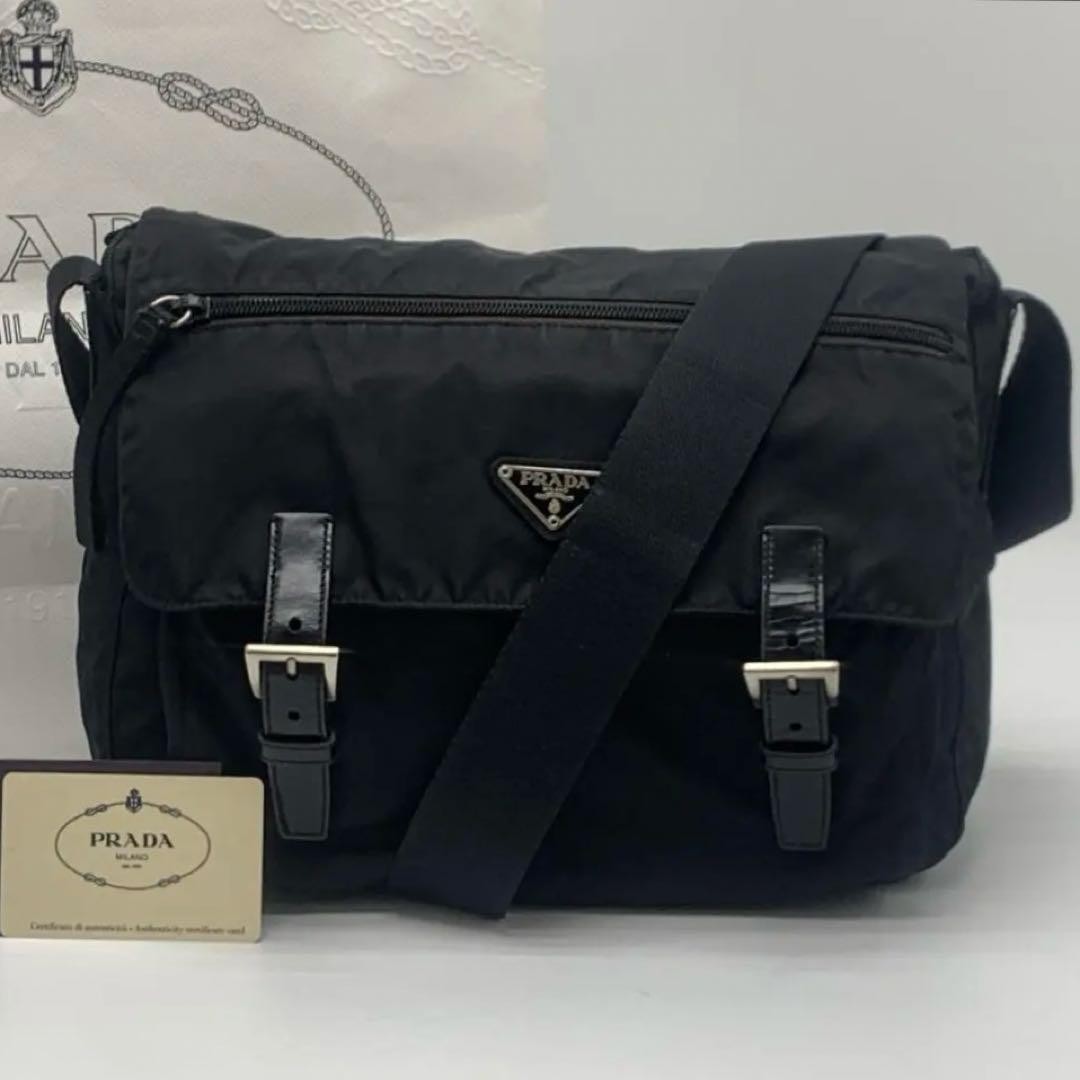 Prada Tessuto Nylon and Leather Black Unisex Crossbody Bag Authentic