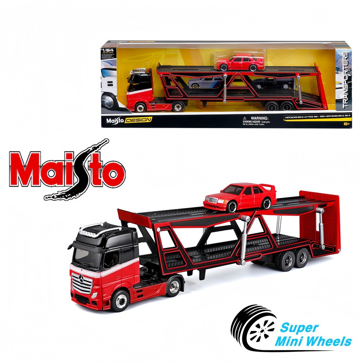 Maisto 1:64 Mercedes-Benz Actros & 1990 Mercedes-Benz 190E Red