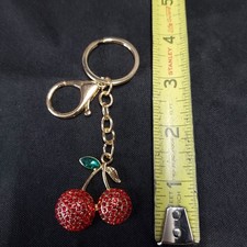 Cherry Bag Charm Keychain Rhinestone Metal Goldtone/Red Apple Ships from USA