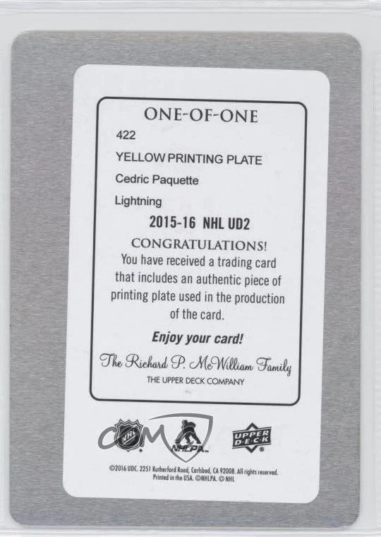 2015-16 Upper Deck Printing Plate Yellow 1/1 Cedric Paquette #422 0c3 - Image 2 of 3