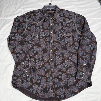 Rock & Roll Cowboy Shirt Mens XL Brown Western Snap Front Paisley Long Sleeve