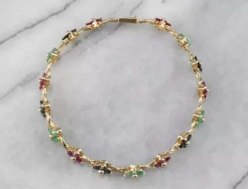 7 Ct Round Simulated Ruby Women's Flower Tennis Bracelet 14K Yellow Gold Plated - Picture 2 of 6