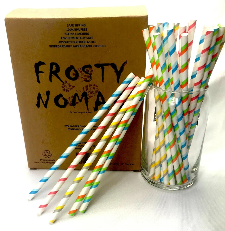 Coloridas pajitas de batido de papel de gran diámetro a rayas para fiesta divertidas. Foto 2 de 4