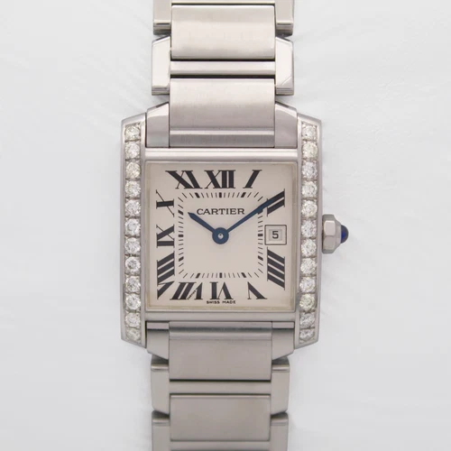 Cartier Tank Française 2465 25mm Custom Diamond Bezel Off White Dial Steel w.Box