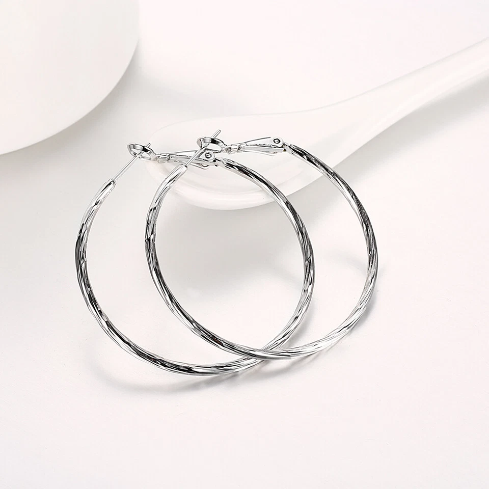 Stunning 18K White GOLD Filled 48mm Round Hoop Dangle Clip Earrings Women's Gift — 第 3/4 张图片