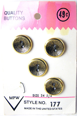 4 Vintage MPW Brass Metal 2-hole Concave Buttons on Original Card 16 mm 5/8''