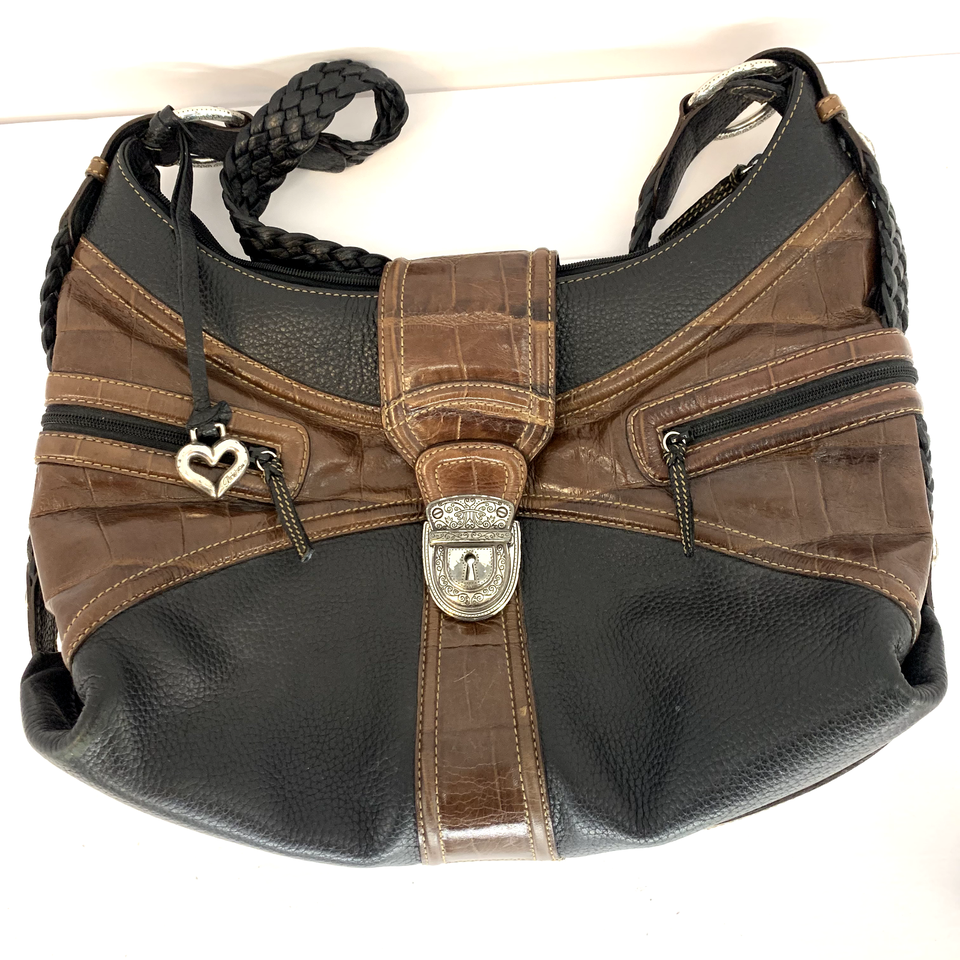 Vintage Brighton Brown Croc Embossed & Black Leather Large Shoulder Bag