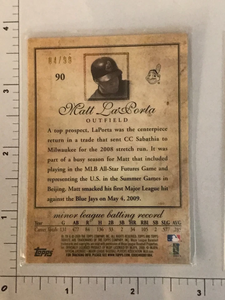 Serial Numbered /99 BLACK 2009 Topps Tribute Matt LaPorta Rookie #90 Cleveland - Image 2 of 2